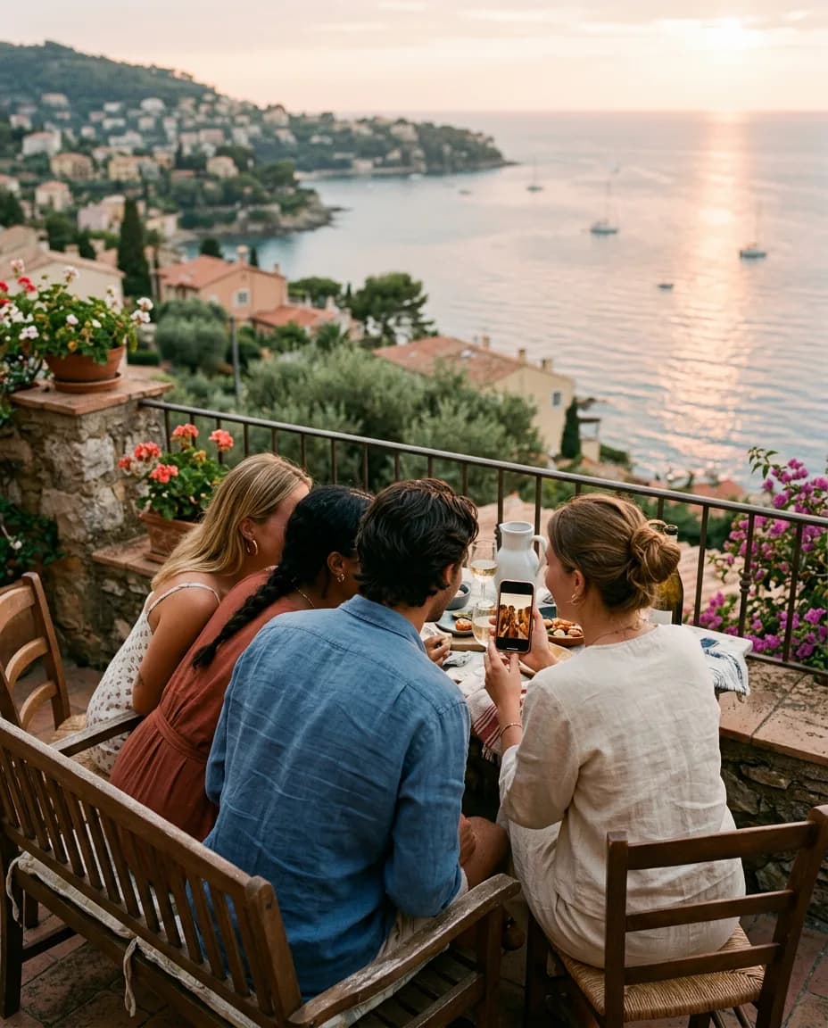 Freunde am Terrassentisch über der Bucht bei Sonnenuntergang, eine zeigt den geplanten Tag auf dem Handy